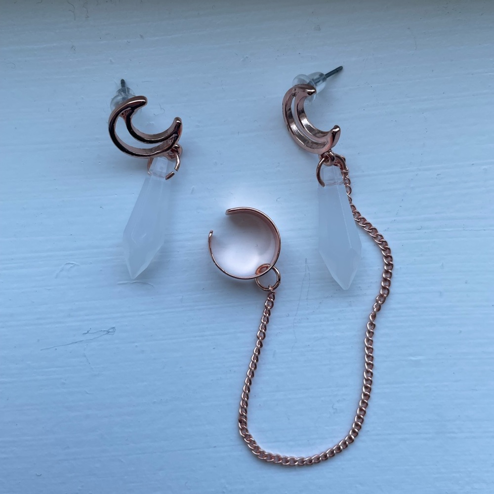 Rose Gold Moon Cuff Earring Set
